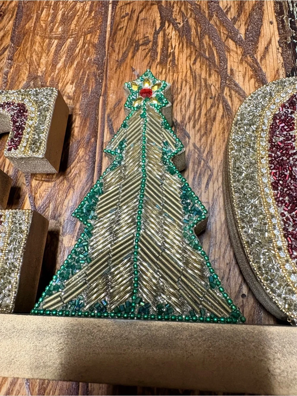 Pier 1 Gold, Green & Red Embellished Beaded Peace, Tree Wood Decor 21”X6”